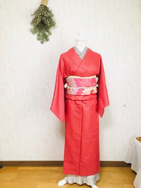 「アイテム（着物、レッド系）」を使った、noliaさん（レディース・158cm）の春コーディネート