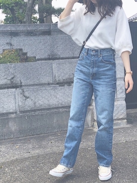 「ハイウエストストレートジーンズ」｜h a s h i m oさん（レディース・152cm）の春コーディネート