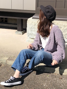 「ハイウエストストレートジーンズ」｜「アイテム（キャスケット）」を使った、h a s h i m oさん（レディース・152cm）の秋コーディネート