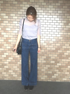 「select MOCA（セレクトモカ）のフロントポケットスリムワイドデニム(ハイウエスト裾フレアワイドデニムパンツ)（デニムパンツ）」を使った、Peiさん（レディース・161cm）の夏コーディネート