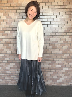 「ikka（イッカ）の脇プリーツハーフミラノプルオバー（Tシャツ/カットソー、ホワイト系）」を使った、Peiさん（レディース・161cm）の冬コーディネート