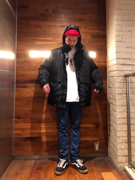 「HYSTERIC GLAMOUR（ヒステリックグラマー）のアイテム（マウンテンパーカー）」を使った、山Dさん（メンズ・175cm）の冬コーディネート