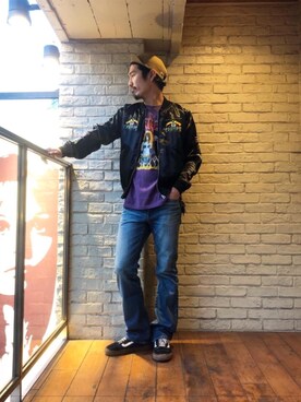 「コラボレーション」｜「アイテム（スカジャン）」を使った、山Dさん（メンズ・175cm）の春コーディネート
