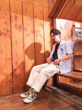 「アイテム（ルームウェア、ブルー系）」を使った、山Dさん（メンズ・175cm）の夏コーディネート