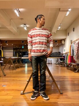 「HYSTERIC GLAMOUR（ヒステリックグラマー）のGIRLS BORDER総柄ジャカード リブ付Tシャツ（Tシャツ/カットソー）」を使った、山Dさん（メンズ・175cm）の秋コーディネート