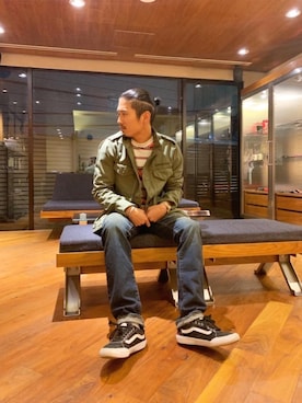 「HYSTERIC GLAMOUR（ヒステリックグラマー）のGIRLS BORDER総柄ジャカード リブ付Tシャツ（Tシャツ/カットソー）」を使った、山Dさん（メンズ・175cm）の秋コーディネート