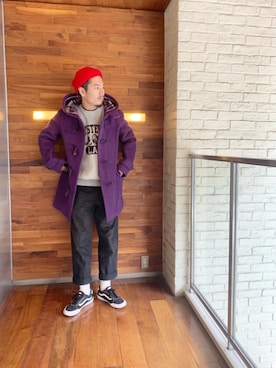 「アイテム（ダッフルコート、パープル系）」を使った、山Dさん（メンズ・175cm）の秋コーディネート