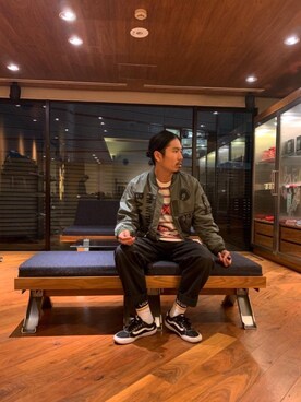 「HYSTERIC GLAMOUR（ヒステリックグラマー）のGIRLS BORDER総柄ジャカード リブ付Tシャツ（Tシャツ/カットソー）」を使った、山Dさん（メンズ・175cm）の秋コーディネート