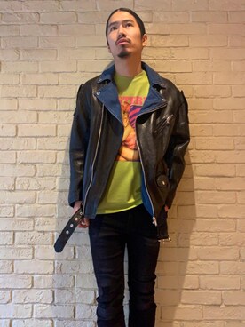 「コラボレーション」｜「アイテム（ライダースジャケット）」を使った、山Dさん（メンズ・175cm）の冬コーディネート