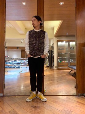 「アイテム（ミリタリージャケット、レッド系）」を使った、山Dさん（メンズ・175cm）の冬コーディネート