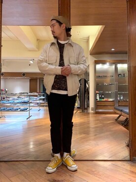 「アイテム（ミリタリージャケット、レッド系）」を使った、山Dさん（メンズ・175cm）の冬コーディネート