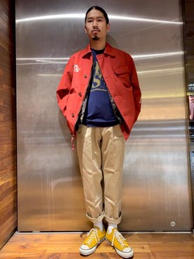 「アイテム（ミリタリージャケット、レッド系）」を使った、山Dさん（メンズ・175cm）の冬コーディネート