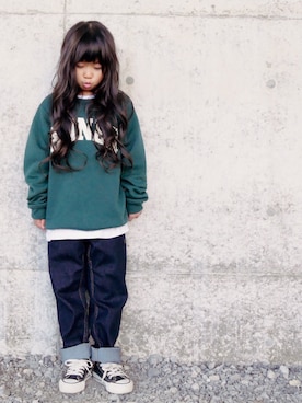 「devirock（デビロック）のアイテム（スウェット）」を使った、花音さん（キッズ・110cm）の秋コーディネート