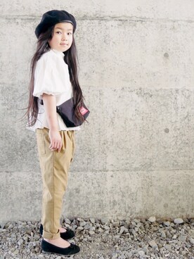 「petit main（プティマイン）のアイテム（ハンチング/ベレー帽）」を使った、花音さん（キッズ・110cm）の春コーディネート
