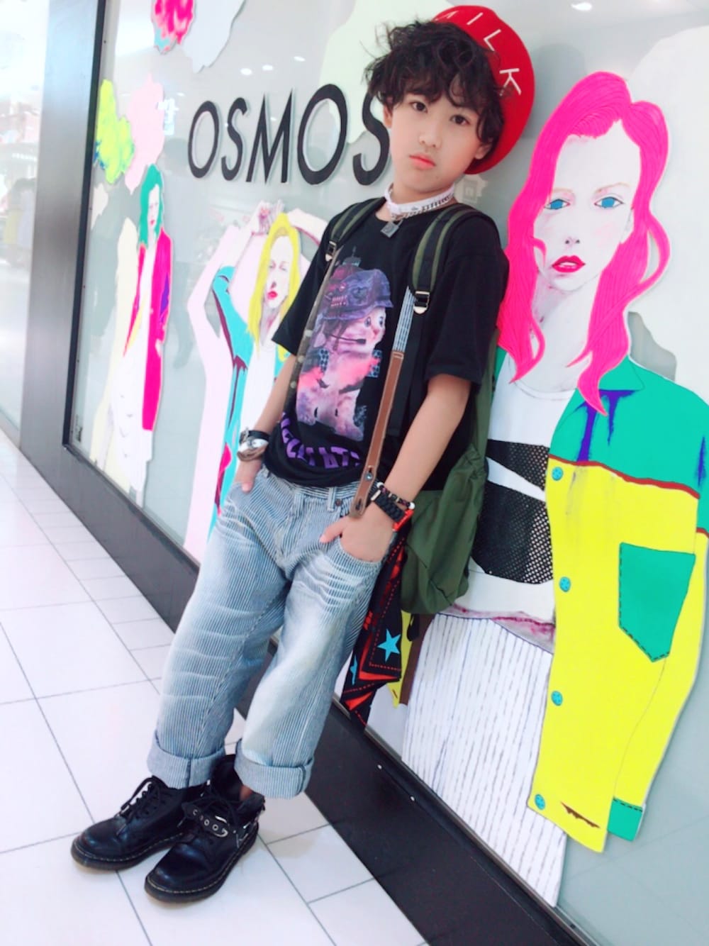 「キッズファッション、男の子、メンズライク」｜「MILKのBIG ロゴベレー（ハンチング/ベレー帽、レッド系）」を使った、◍●⌄̈⃝KAIRIꙬ꙳●◍さん（キッズ・140cm）の夏コーディネートの1枚目の写真