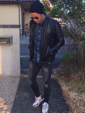 「AZUL（アズール）のアイテム（ライダースジャケット）」を使った、takashi_Yさん（メンズ・171cm）の冬コーディネート