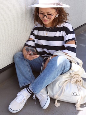 「ハイウエストストレートジーンズ」｜「アイテム（帽子）」を使った、non0910さん（レディース・158cm）の春コーディネート