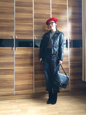 「通勤穿搭」｜「アイテム（ライダースジャケット）」を使った、尼可Nikooさん（レディース・160cm）の冬コーディネート