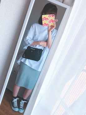 「Champion（チャンピオン）の【Champion】ワンポイントロゴ刺しゅうビッグTシャツ（Tシャツ/カットソー、ホワイト系）」を使った、Napoléonさん（レディース・157cm）の夏コーディネート