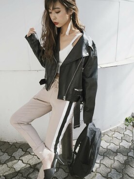 「ドルマン」｜「アイテム（ライダースジャケット）」を使った、kina igarashiさん（レディース・162cm）の冬コーディネート
