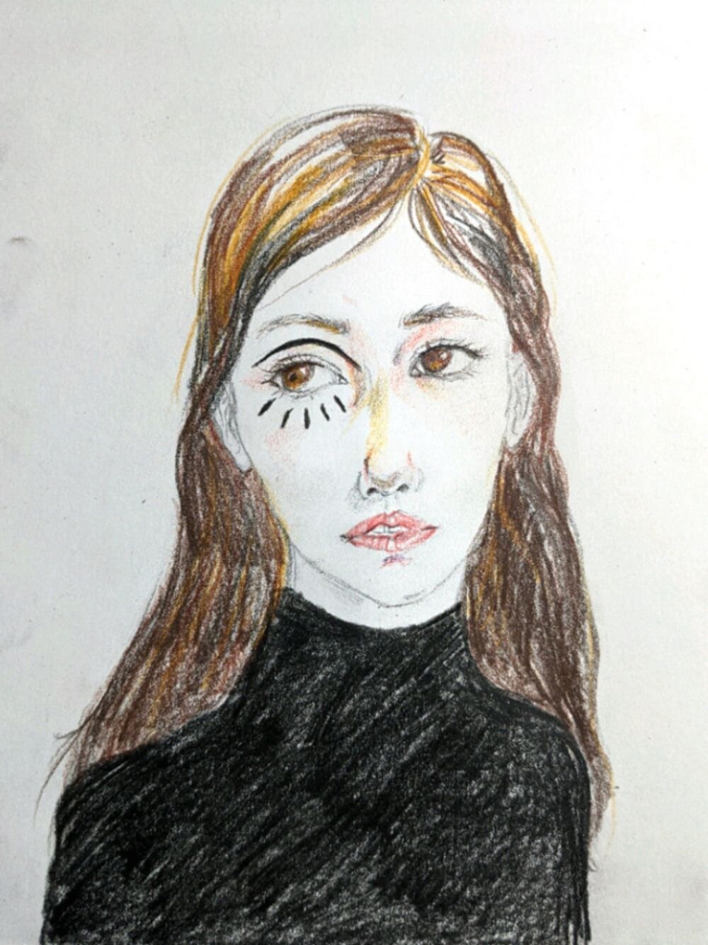 「black、turtleneck、j crew、eyeliner、gothic、makeup、eye makeup、longhair」｜「J.CREWのアイテム（ニット/セーター、ブラック系）」を使った、Celina Rhodesさん（レディース・153cm）の冬コーディネートの1枚目の写真