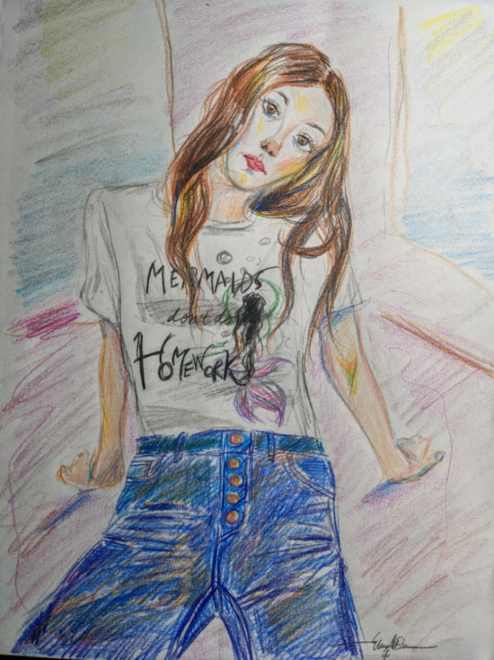 「graphic tee、graphictee、rag & bone、button down、mermaids、homework、handmade、fashion illustration、illustrationbycelina」｜「rag & boneのアイテム（デニムパンツ、ブルー系）」を使った、Celina Rhodesさん（レディース・153cm）の冬コーディネートの1枚目の写真