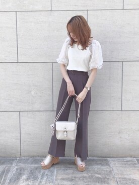 「one after another NICE CLAUP（ワンアフターアナザーナイスクラップ）のアイテム（スラックス、ブラウン系）」を使った、saeさん（レディース・159cm）の夏コーディネート