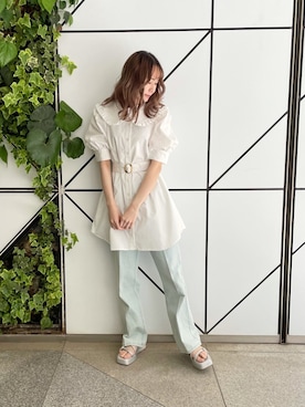 「シャツワンピ」｜「アイテム（チュニック）」を使った、saeさん（レディース・159cm）の春コーディネート
