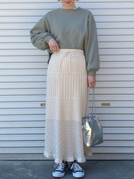 「WEGO（ウィゴー）のWEGO/カットリブショートスウェット（スウェット、グリーン系）」を使った、RURIさん（レディース・169cm）の春コーディネート