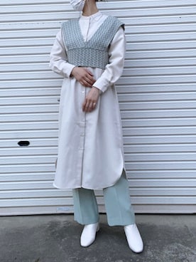 「LOWRYS FARM（ローリーズファーム）のセンタープレスカラーフレアパンツ　870189（その他パンツ、グリーン系）」を使った、RURIさん（レディース・169cm）の春コーディネート