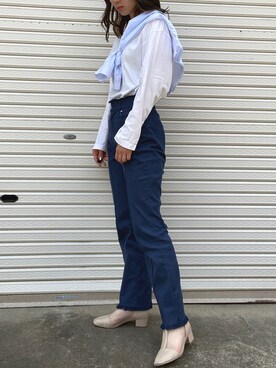 「Kastane（カスタネ）の【Thank Mat'l.】リサイクルヤーンフリンジデニム（デニムパンツ、ブルー系）」を使った、RURIさん（レディース・169cm）の夏コーディネート