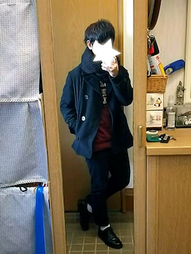「no brand（ノーブランド）のアイテム（ピーコート）」を使った、まいさん（メンズ・169cm）の冬コーディネート