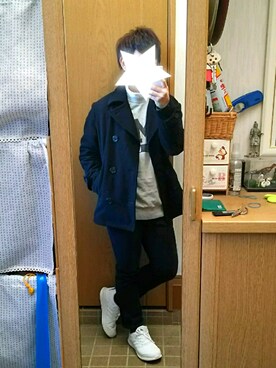 「no brand（ノーブランド）のアイテム（ピーコート）」を使った、まいさん（メンズ・169cm）の冬コーディネート