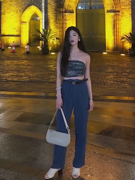 「アイテム（チューブトップ、ブルー系）」を使った、玉蘭さん（レディース・163cm）の夏コーディネート