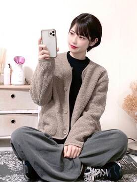 「UNIQLO（ユニクロ）のフリースノーカラージャケット（長袖）（その他アウター）」を使った、tamaさん（レディース・161cm）の冬コーディネート