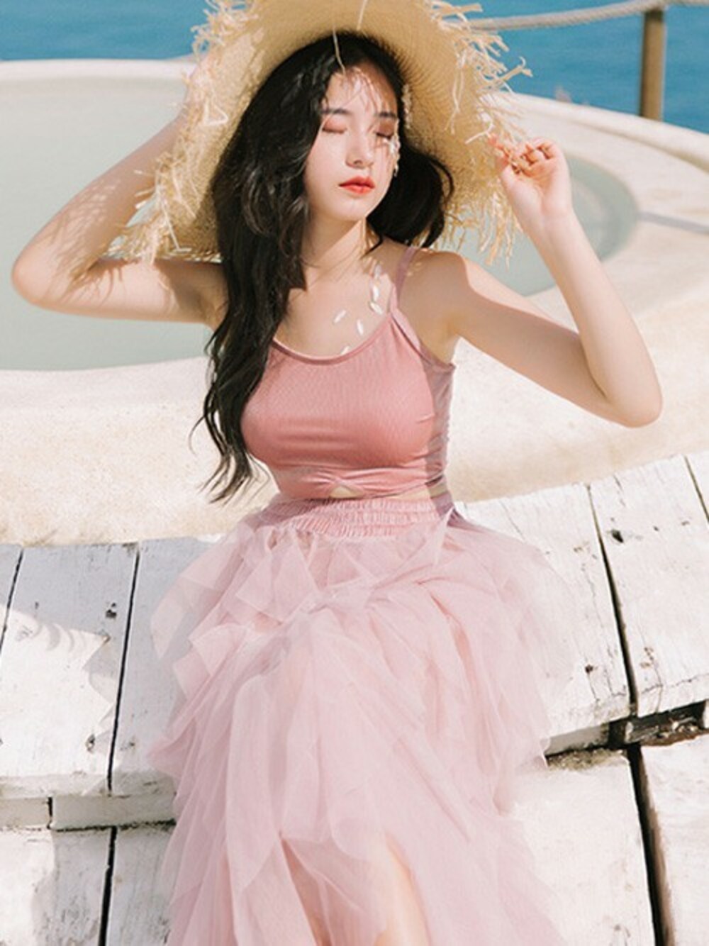 「夏、大人、ハイウエスト、水着、リゾートスタイル、かわいい、ビキニ、体型カバー、新品、cicibella」｜「CICIBELLAのビキニ3点セット19028（水着、ピンク系）」を使った、CICIBELLAさん（レディース・162cm）の春コーディネートの1枚目の写真