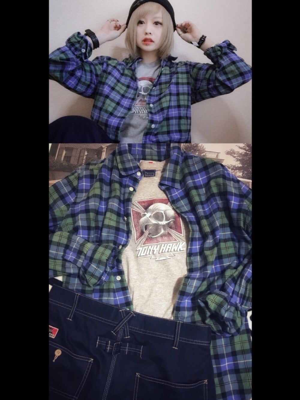 「ootd、coordinate、チェックシャツ、fashion」｜「Cat’s Pawのアイテム（デニムパンツ、ブルー系）」を使った、観月さん（レディース・152cm）の春コーディネートの1枚目の写真