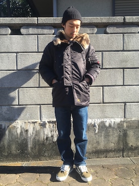 「寒い」｜「アイテム（ミリタリージャケット）」を使った、平太郎さん（メンズ・168cm）の冬コーディネート