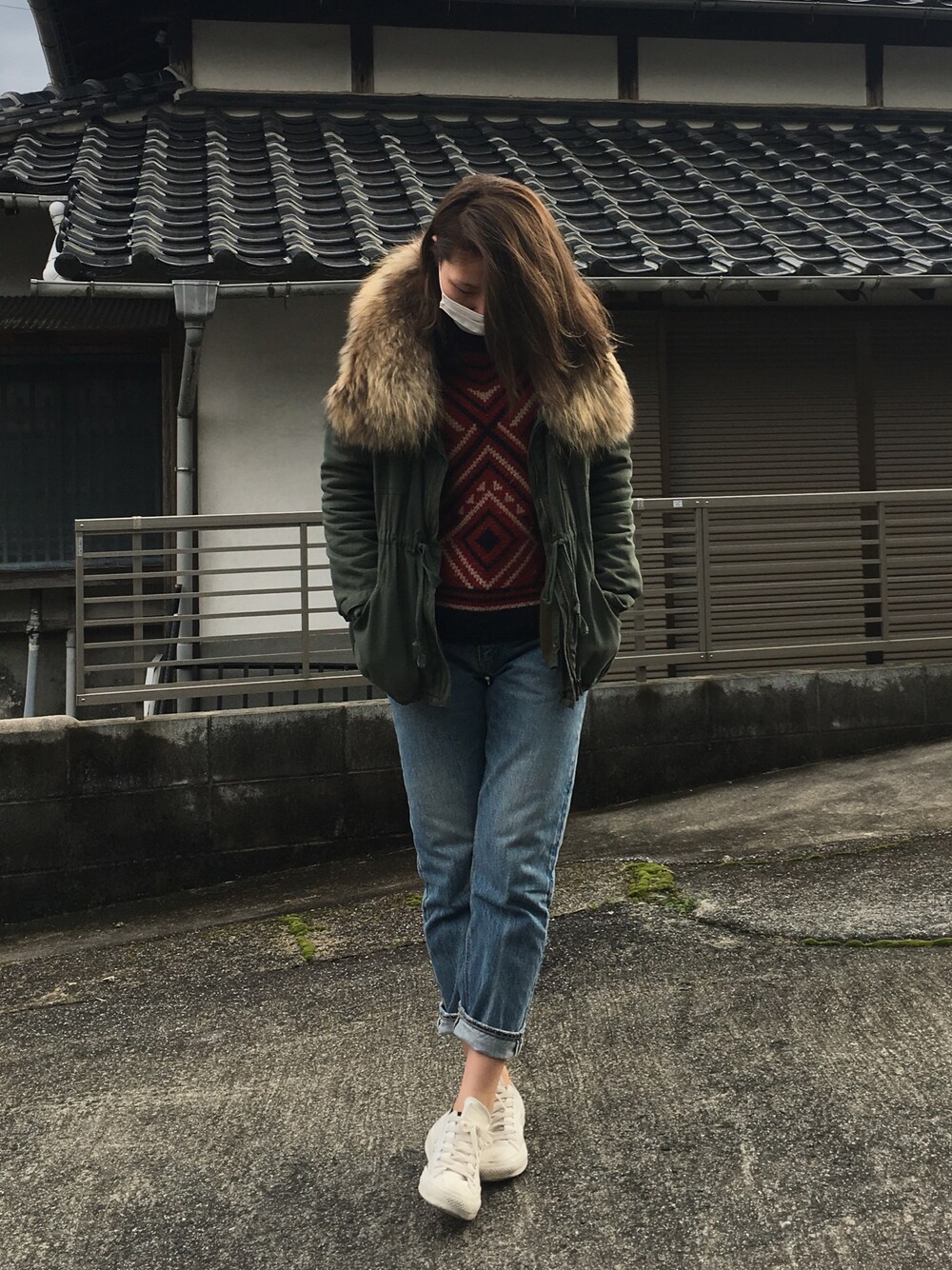 「ぬくぬくコーデ」｜「DRWCYSのアルパカ混ジャガードニットPO（ニット/セーター、レッド系）」を使った、にゃんさん（レディース・166cm）の冬コーディネートの1枚目の写真
