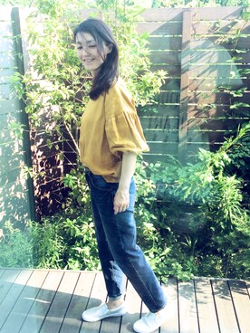 「Honeys（ハニーズ）のデニムテーパードパンツ（デニムパンツ）」を使った、モーシャンさん（レディース・161cm）の夏コーディネート