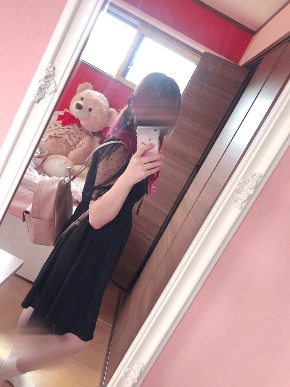 「やみかわいい、おしゃれさんと繋がりたい、低身長コーデ、甘め、ガーリー、アンクルージュ、ハニーサロン、地雷」｜「Ank Rougeのドットチュール切り替えワンピース（ワンピース、ブラック系）」を使った、もーちゃんさん（レディース・153cm）の夏コーディネートの1枚目の写真