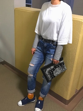 「アイテム（スリッポン、ブルー系）」を使った、junna marutaniさん（レディース・158cm）の春コーディネート