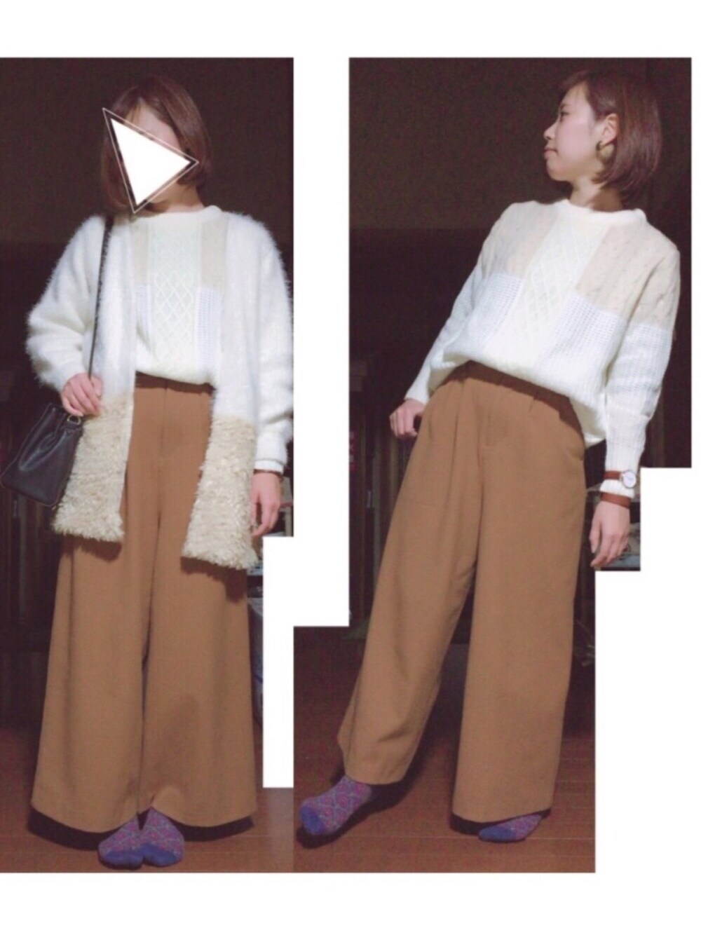 ホワイト系のニット/セーター、ホワイト系のジャケット/アウター、ブラウン系のその他パンツを着用したレディースの冬コーディネートの1枚目の写真