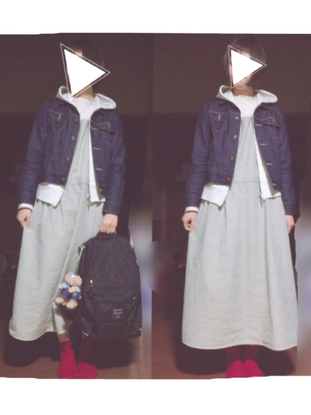 ブルー系のデニムジャケット、ベージュ系のパーカー、ホワイト系のTシャツ/カットソーを着用したレディースの春コーディネートの1枚目の写真