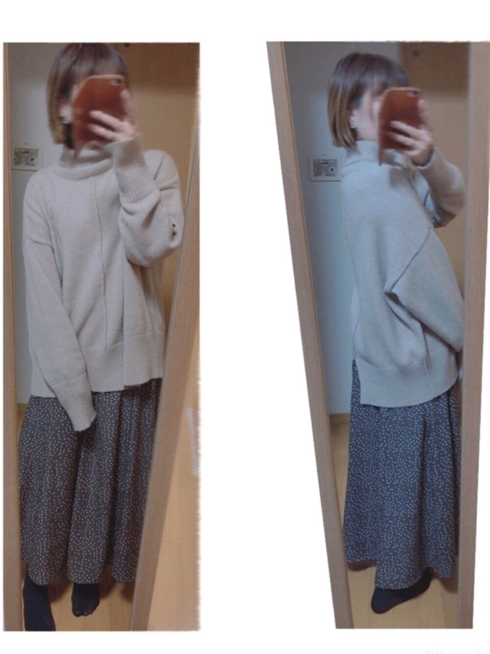 ベージュ系のニット/セーター、ベージュ系のショルダーバッグ、ブラック系のスニーカーを着用したレディースの冬コーディネートの1枚目の写真