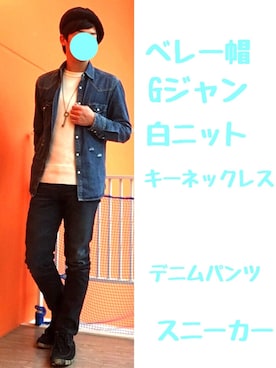 「デニムonデニム」｜「アイテム（ハンチング/ベレー帽）」を使った、shogo🎩さん（メンズ・167cm）の冬コーディネート