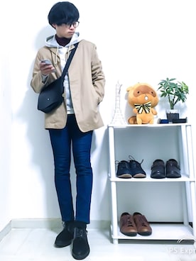 「GU（ジーユー）の（GU）スキニーフィットジーンズ（MEN ⁄ ジーンズ）」を使った、shogo🎩さん（メンズ・167cm）の冬コーディネート