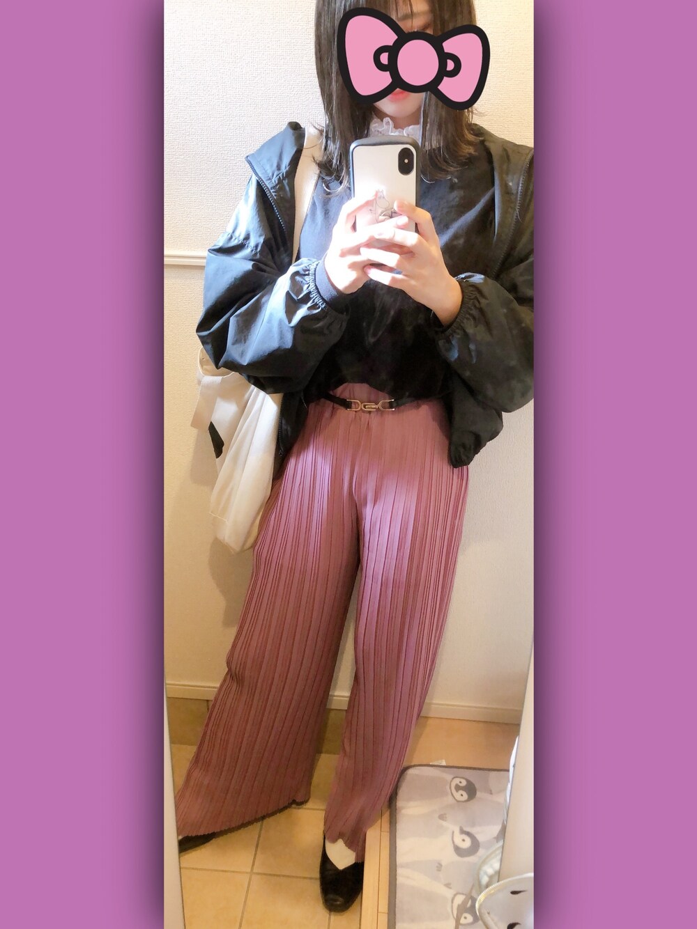 「秋コーデ、バレエシューズ、ショルダーバッグ、カラーパンツ、プリーツパンツ、レースインナー、ロンT」｜「GRLのアイテム（パンツ、パープル系）」を使った、maple-chanさん（レディース・155cm）の秋コーディネートの1枚目の写真