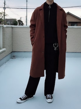 「EMMA CLOTHES（エマクローズ）のアイテム（チェスターコート）」を使った、キーパーさん（メンズ・173cm）の冬コーディネート