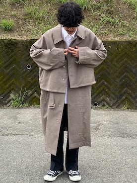 「yoke」｜「アイテム（ステンカラーコート）」を使った、キーパーさん（メンズ・173cm）の秋コーディネート